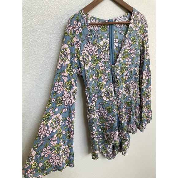 Tiare Hawaii Blue & Pink Floral Flare long Sleeve Romper One Size boho vacation - Picture 2 of 7